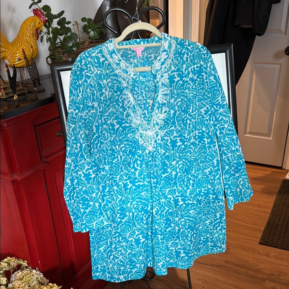 Lilly Pulitzer Turquoise, Light Green and White Floral Women's Top